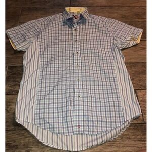 Robert Graham Mens Button Tailored Shirt Sz Medium Blue White Plaid Short Sleeve